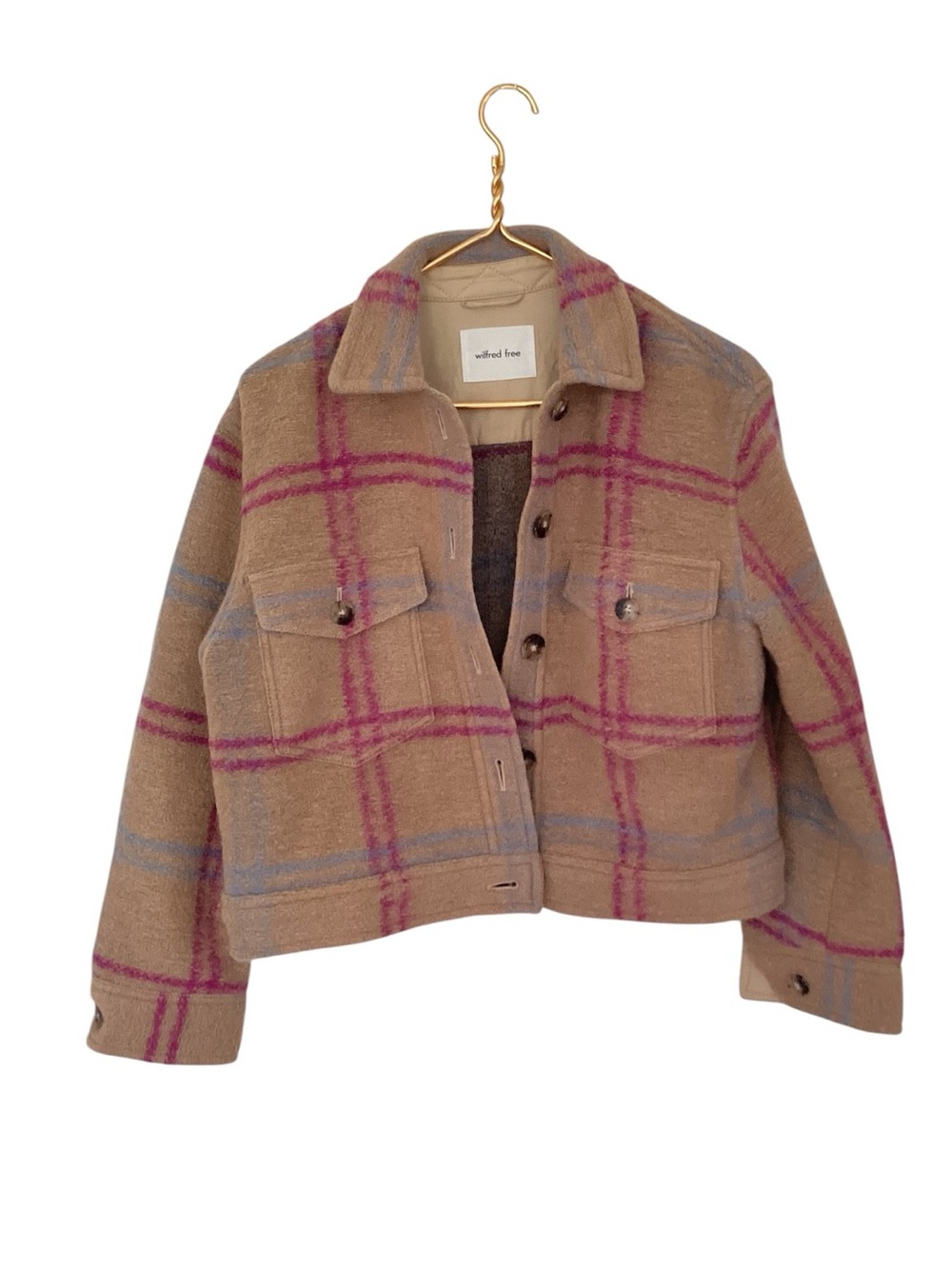 WILFRED FREE Brown Pink Plaid Autumn Shirt Jacket Shacket Button Down Size S